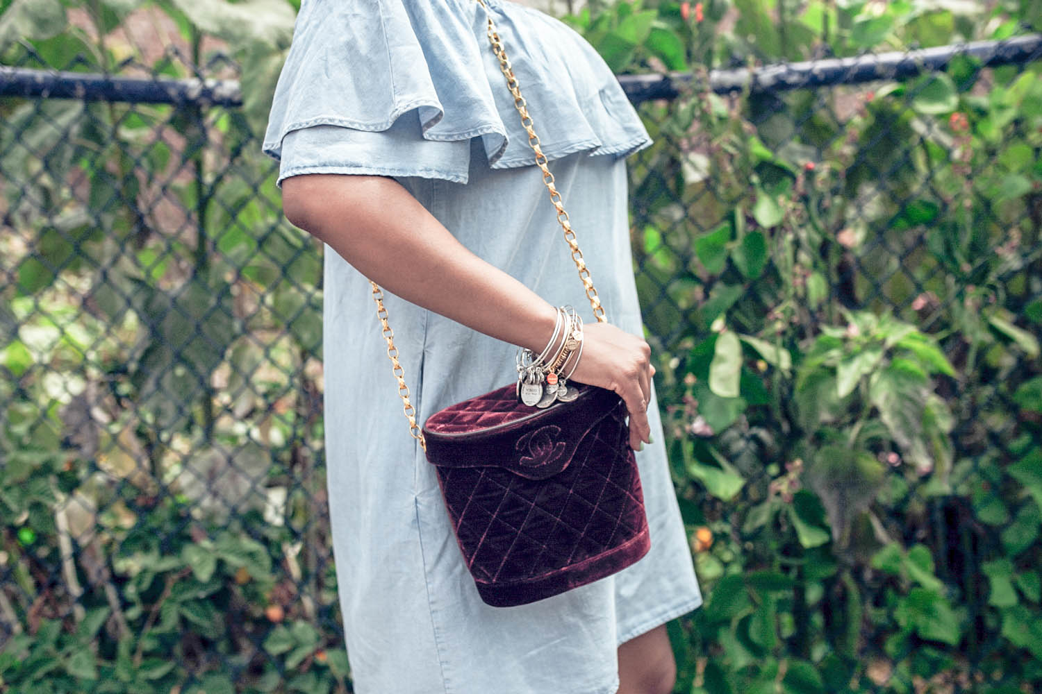 Vintage Chanel bag - Sun's Out, Shoulders Out - https://thehautemommie.com/denim-zara-dressleopard-heels/