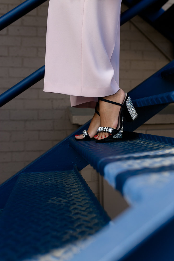 ASOS bedazzled heels paired with Zara pink culottes