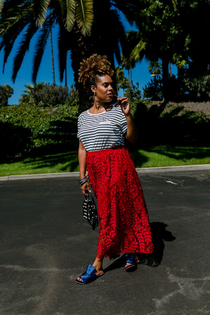 Red Lace Maxi + Striped Tee - The Hautemommie