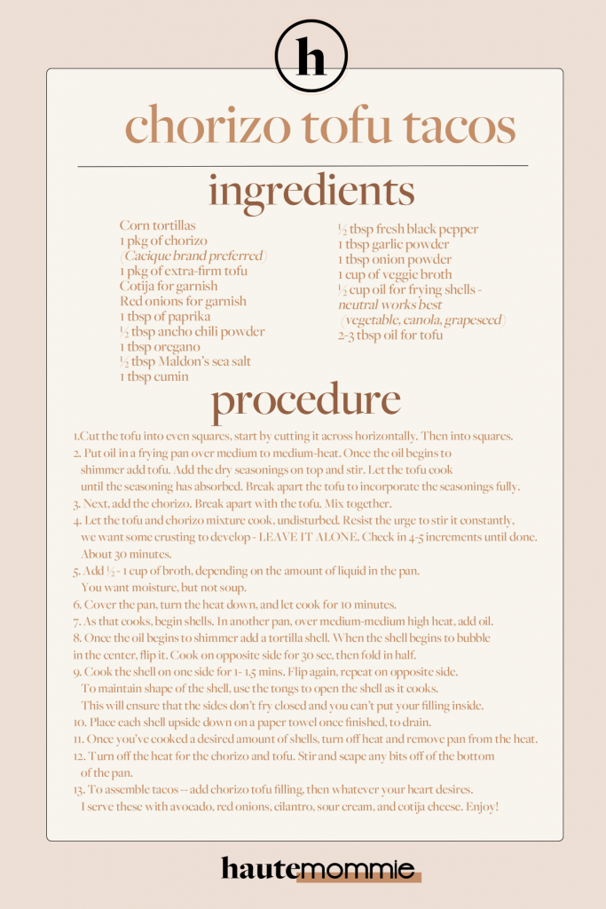 Recipe card from The Hautemommie for her chorizo tofu tacos